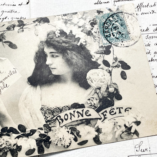 1900s - Belle Époque French Postcard - Young Woman Portrait - Art Nouveau Floral Frame - Bonne Fête Greeting - Phototypie Nancy Print