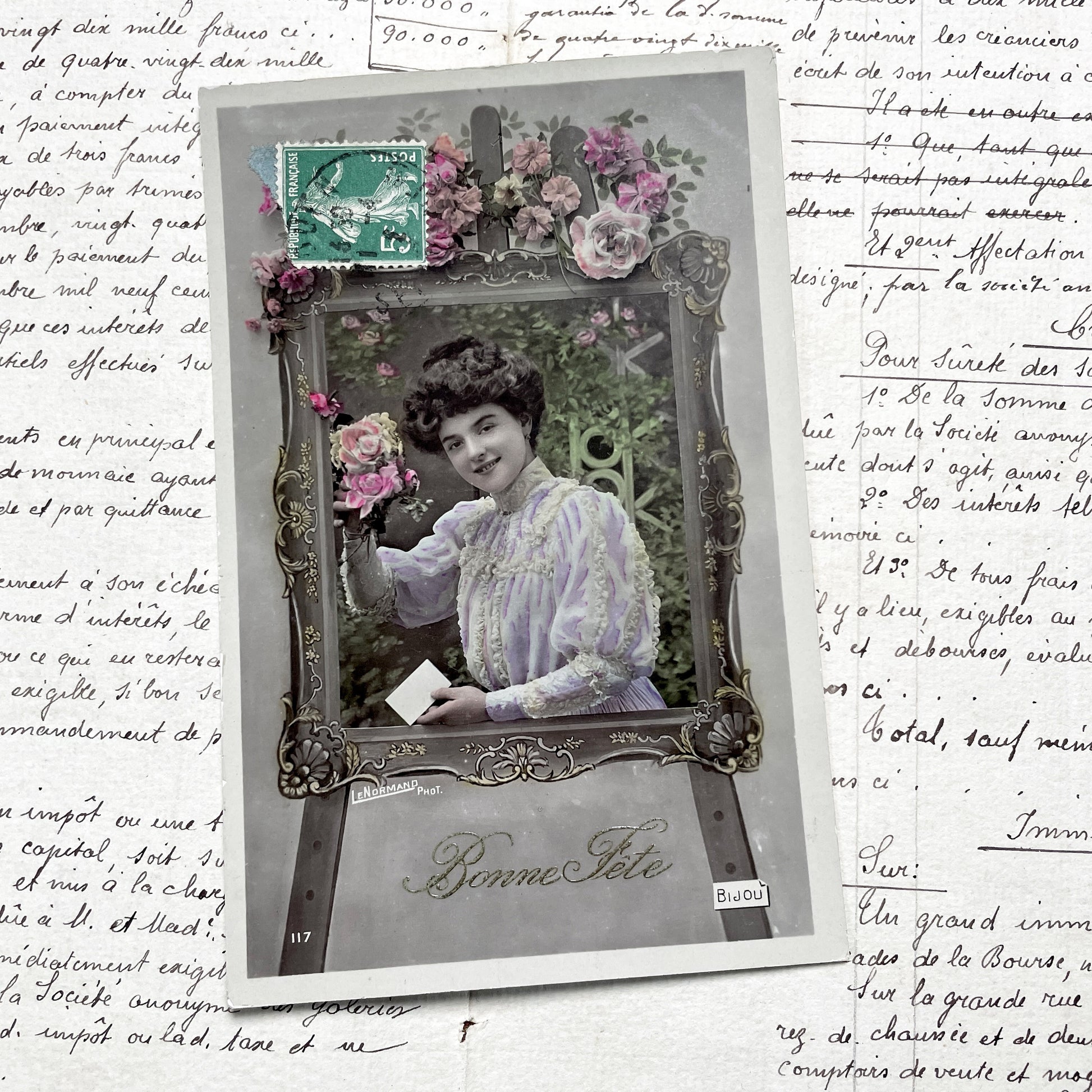 1900s - Vintage French Bonne Fête Postcard - Elegant Woman Floral Frame Portrait - Early 20th Century French Ephemera - Collectible Card