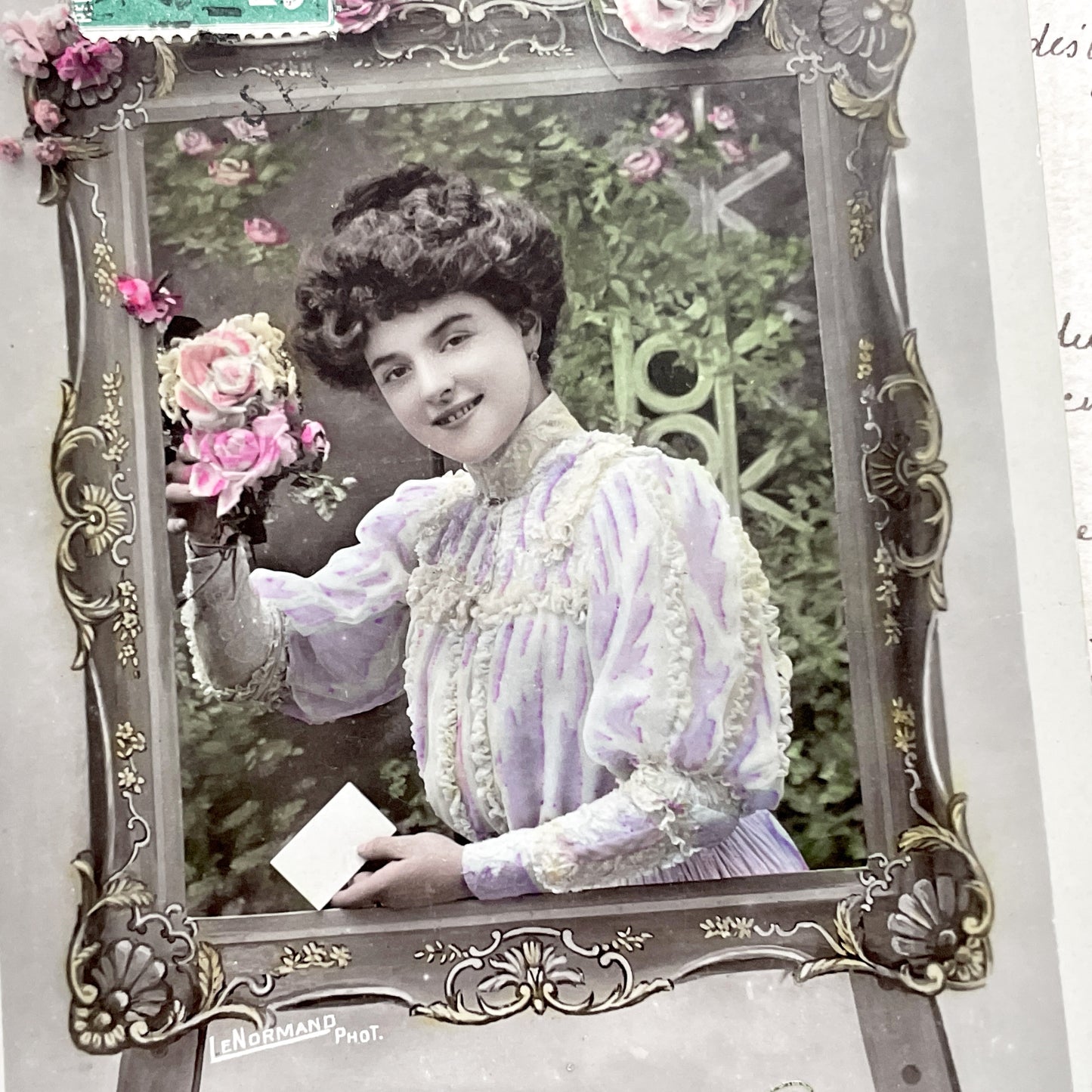 1900s - Vintage French Bonne Fête Postcard - Elegant Woman Floral Frame Portrait - Early 20th Century French Ephemera - Collectible Card