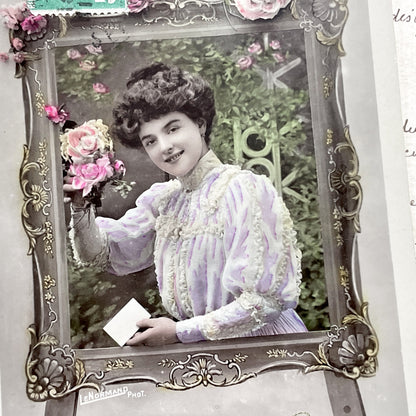 1900s - Vintage French Bonne Fête Postcard - Elegant Woman Floral Frame Portrait - Early 20th Century French Ephemera - Collectible Card