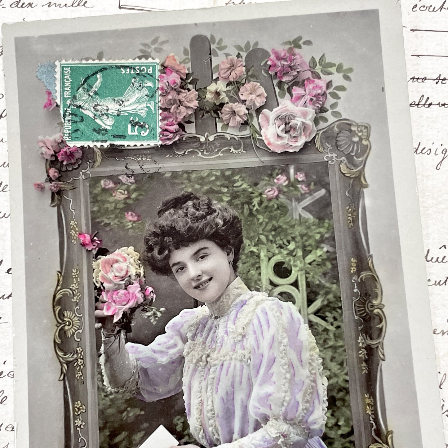 1900s - Vintage French Bonne Fête Postcard - Elegant Woman Floral Frame Portrait - Early 20th Century French Ephemera - Collectible Card