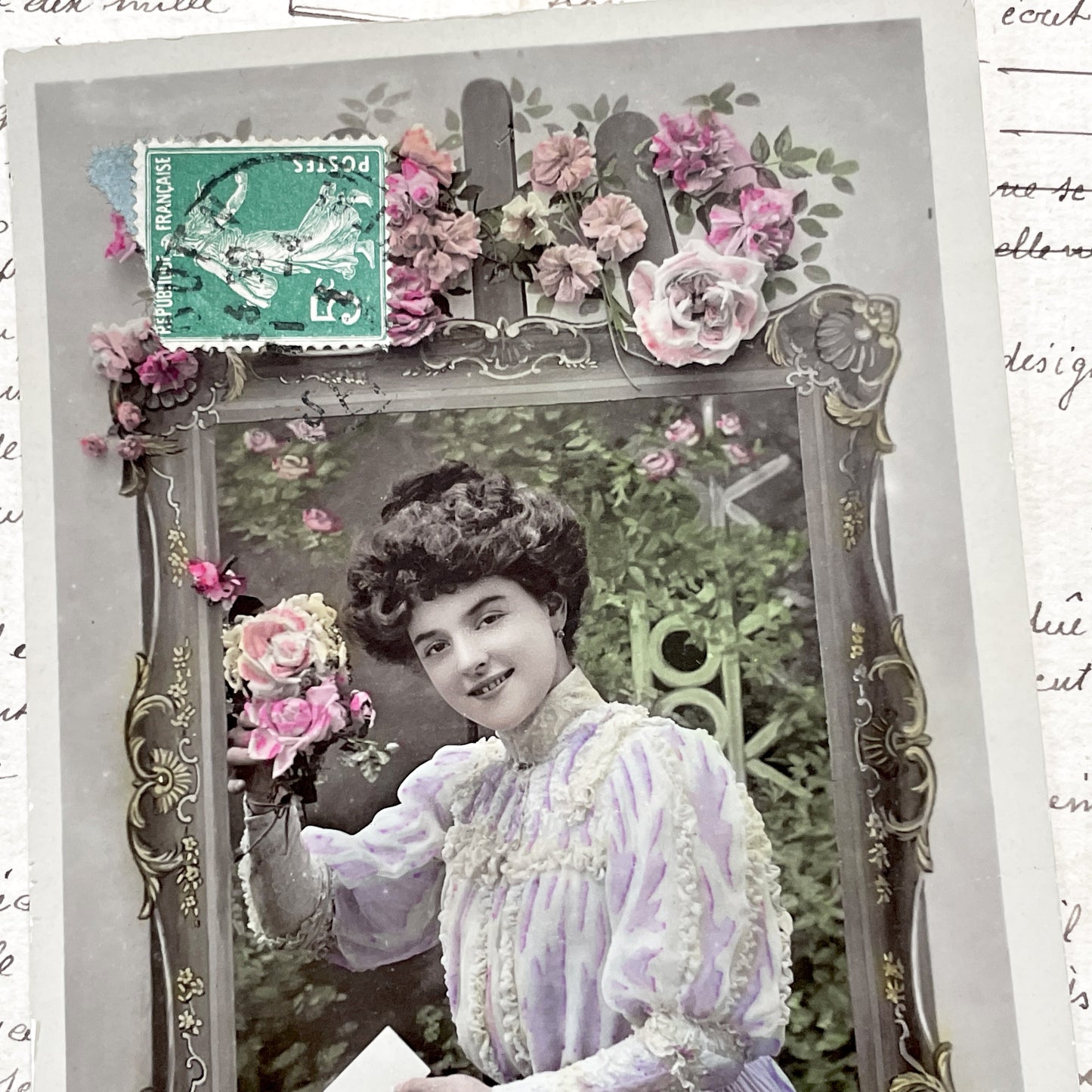 1900s - Vintage French Bonne Fête Postcard - Elegant Woman Floral Frame Portrait - Early 20th Century French Ephemera - Collectible Card