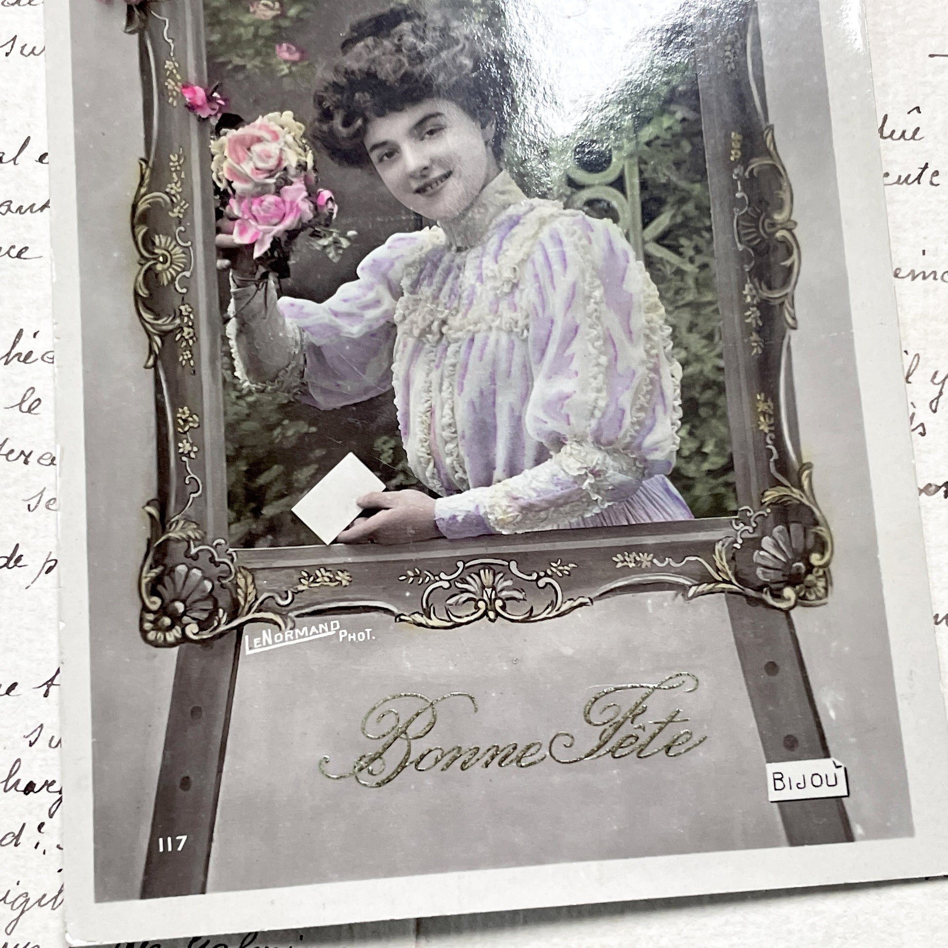 1900s - Vintage French Bonne Fête Postcard - Elegant Woman Floral Frame Portrait - Early 20th Century French Ephemera - Collectible Card