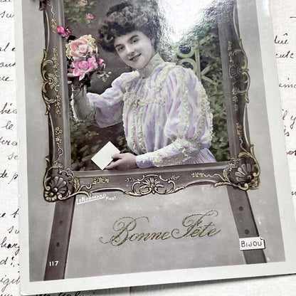 1900s - Vintage French Bonne Fête Postcard - Elegant Woman Floral Frame Portrait - Early 20th Century French Ephemera - Collectible Card