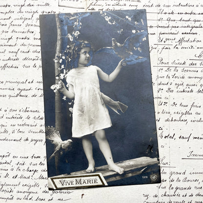 1900s - Vintage French Postcard - Young Girl with Doves - Barefoot Child Portrait - Antique Photo - Vive Marie - Innocence - Floral Scene