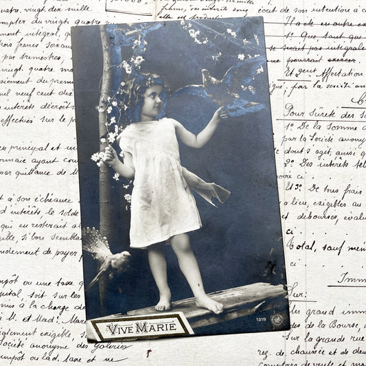 1900s - Vintage French Postcard - Young Girl with Doves - Barefoot Child Portrait - Antique Photo - Vive Marie - Innocence - Floral Scene