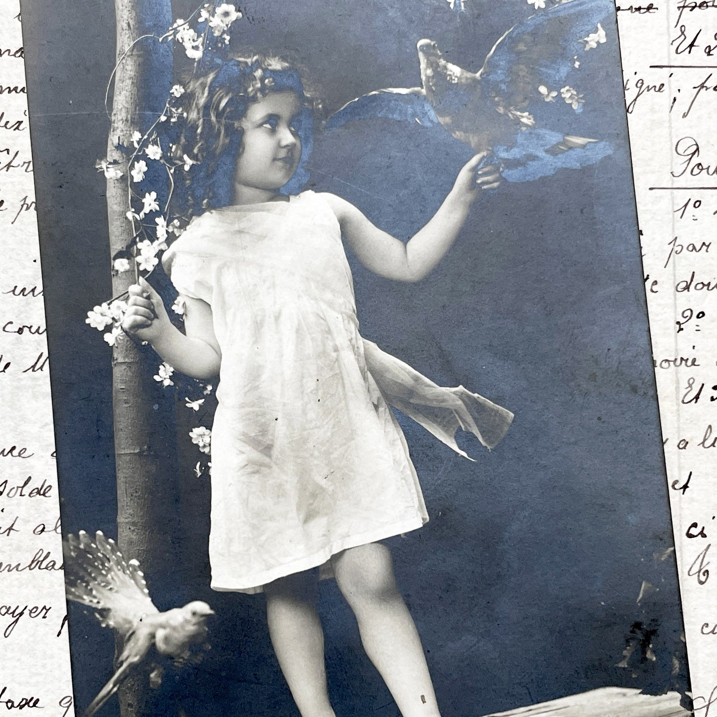 1900s - Vintage French Postcard - Young Girl with Doves - Barefoot Child Portrait - Antique Photo - Vive Marie - Innocence - Floral Scene