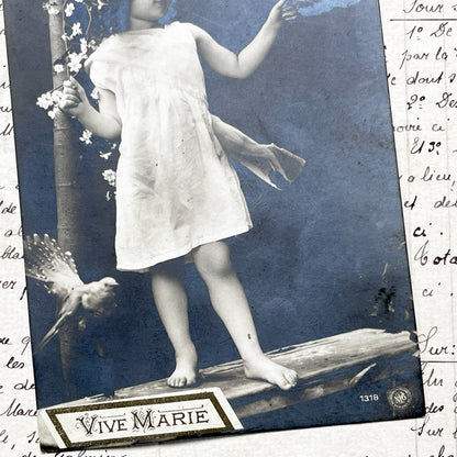 1900s - Vintage French Postcard - Young Girl with Doves - Barefoot Child Portrait - Antique Photo - Vive Marie - Innocence - Floral Scene