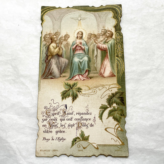 1940s - Religious Holy Card - Pentecost Holy Spirit Descending on Mary and Apostles - French Prayer - Vintage Devotional Art