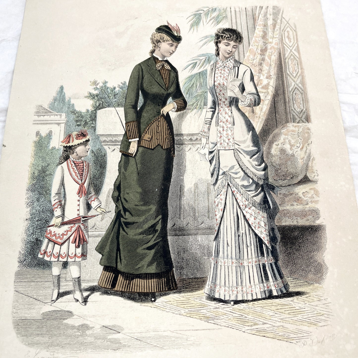 1880s - Original French Fashion Print - 'La Femme et la Famille' - Hand-Colored Victorian Era Apparel - Parisian Elegance and Child Style