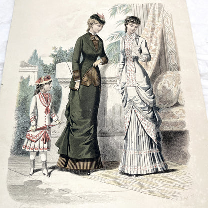 1880s - Original French Fashion Print - 'La Femme et la Famille' - Hand-Colored Victorian Era Apparel - Parisian Elegance and Child Style