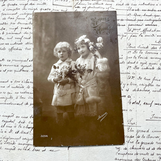 1910s - Vintage French Postcard - Bonne Année Children with Flowers - Antique Sepia Photo Art Print - New Year Collectible Ephemera