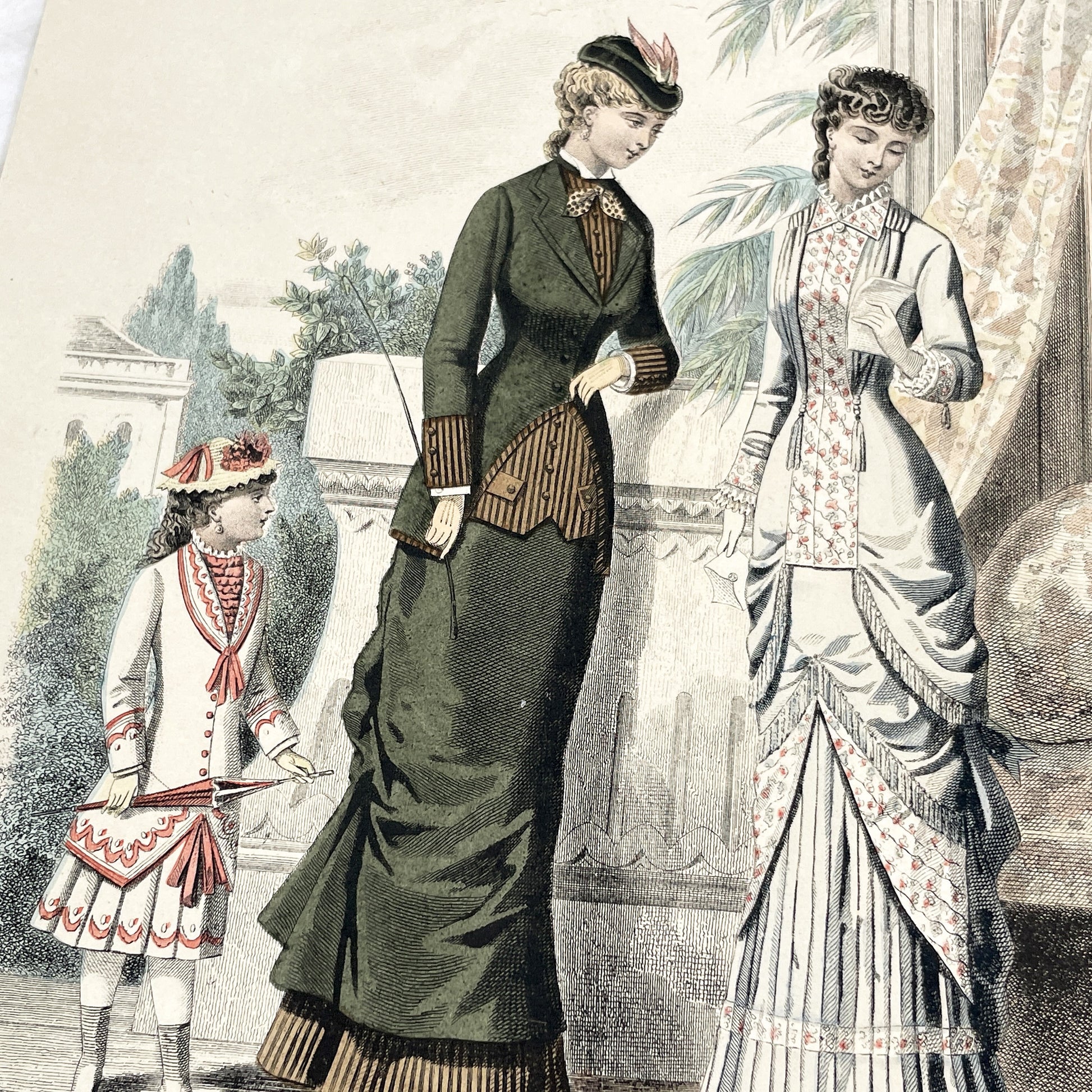 1880s - Original French Fashion Print - 'La Femme et la Famille' - Hand-Colored Victorian Era Apparel - Parisian Elegance and Child Style