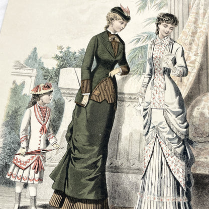 1880s - Original French Fashion Print - 'La Femme et la Famille' - Hand-Colored Victorian Era Apparel - Parisian Elegance and Child Style