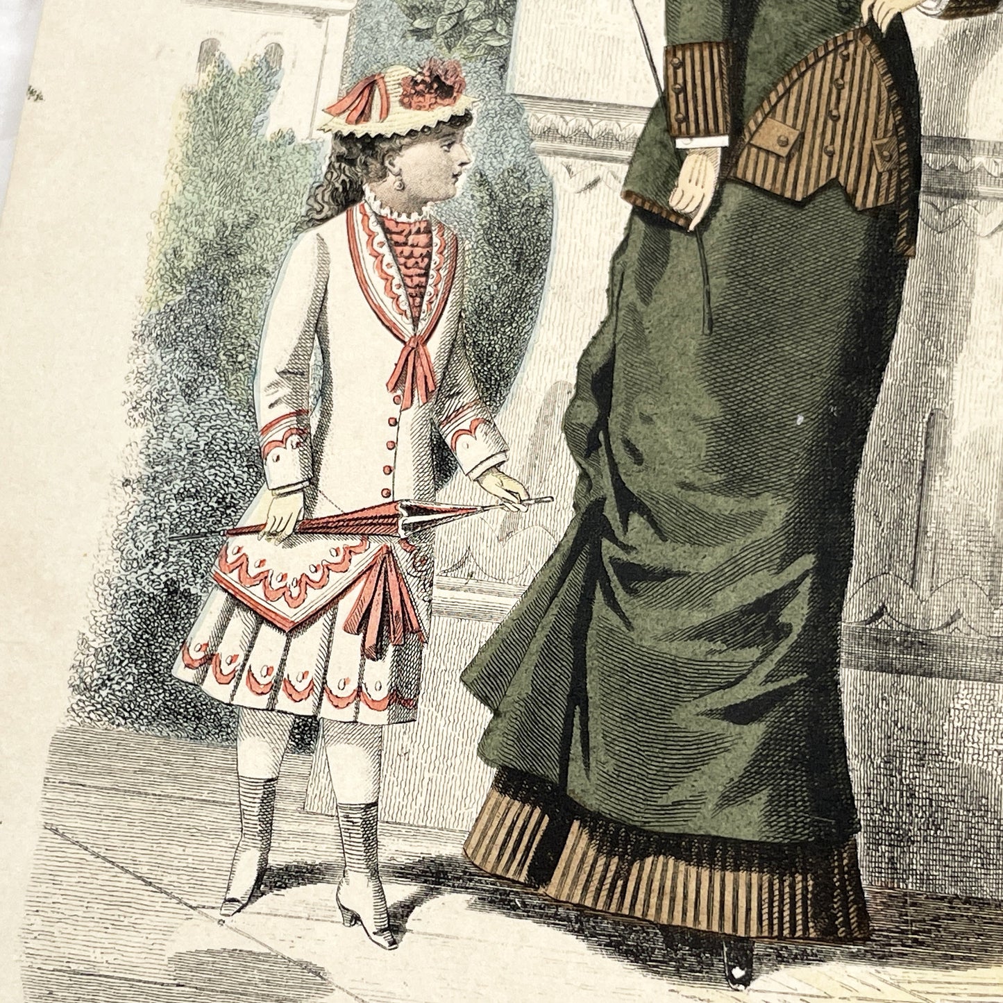 1880s - Original French Fashion Print - 'La Femme et la Famille' - Hand-Colored Victorian Era Apparel - Parisian Elegance and Child Style