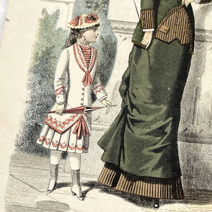 1880s - Original French Fashion Print - 'La Femme et la Famille' - Hand-Colored Victorian Era Apparel - Parisian Elegance and Child Style