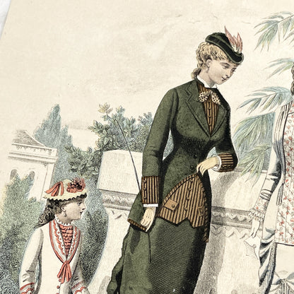 1880s - Original French Fashion Print - 'La Femme et la Famille' - Hand-Colored Victorian Era Apparel - Parisian Elegance and Child Style