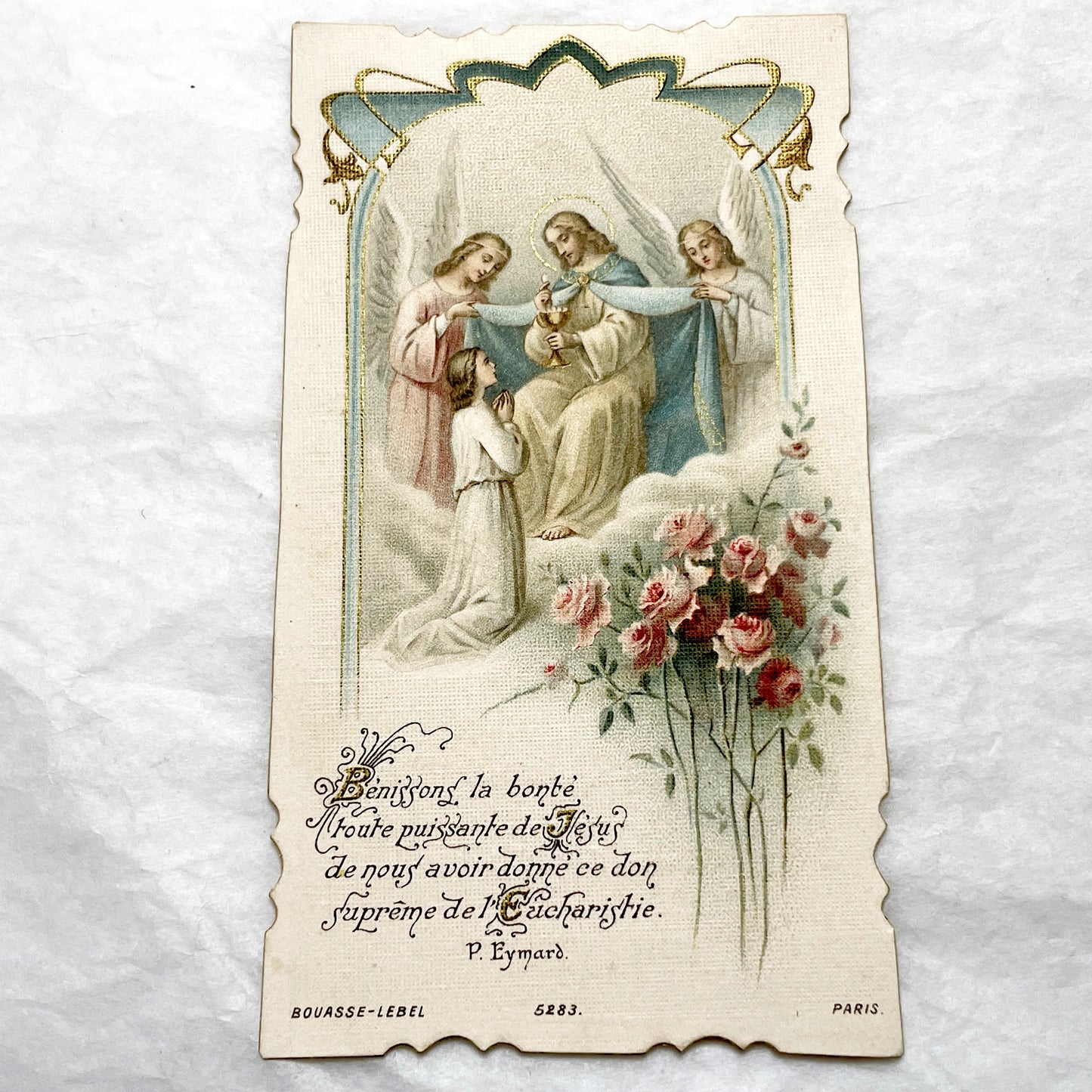 1900s - Vintage Religious Communion Card - Jesus Eucharist Scene - Kneeling Figure - Angels - French Prayer - Pious Art - Paris
