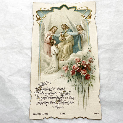 1900s - Vintage Religious Communion Card - Jesus Eucharist Scene - Kneeling Figure - Angels - French Prayer - Pious Art - Paris