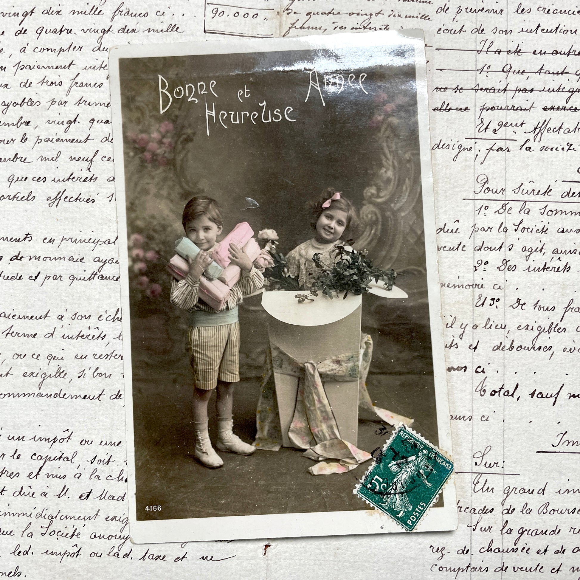 1910s - Antique French New Year Postcard - Vintage Children's Holiday Greeting Card - Happy New Year Ephemera Collectible Art