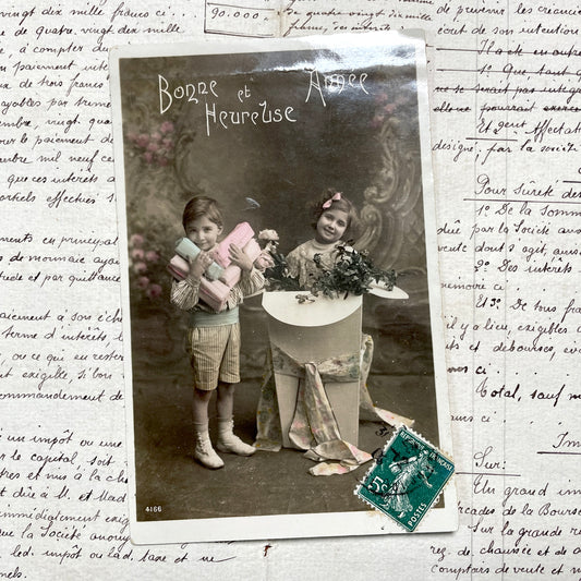 1910s - Antique French New Year Postcard - Vintage Children's Holiday Greeting Card - Happy New Year Ephemera Collectible Art