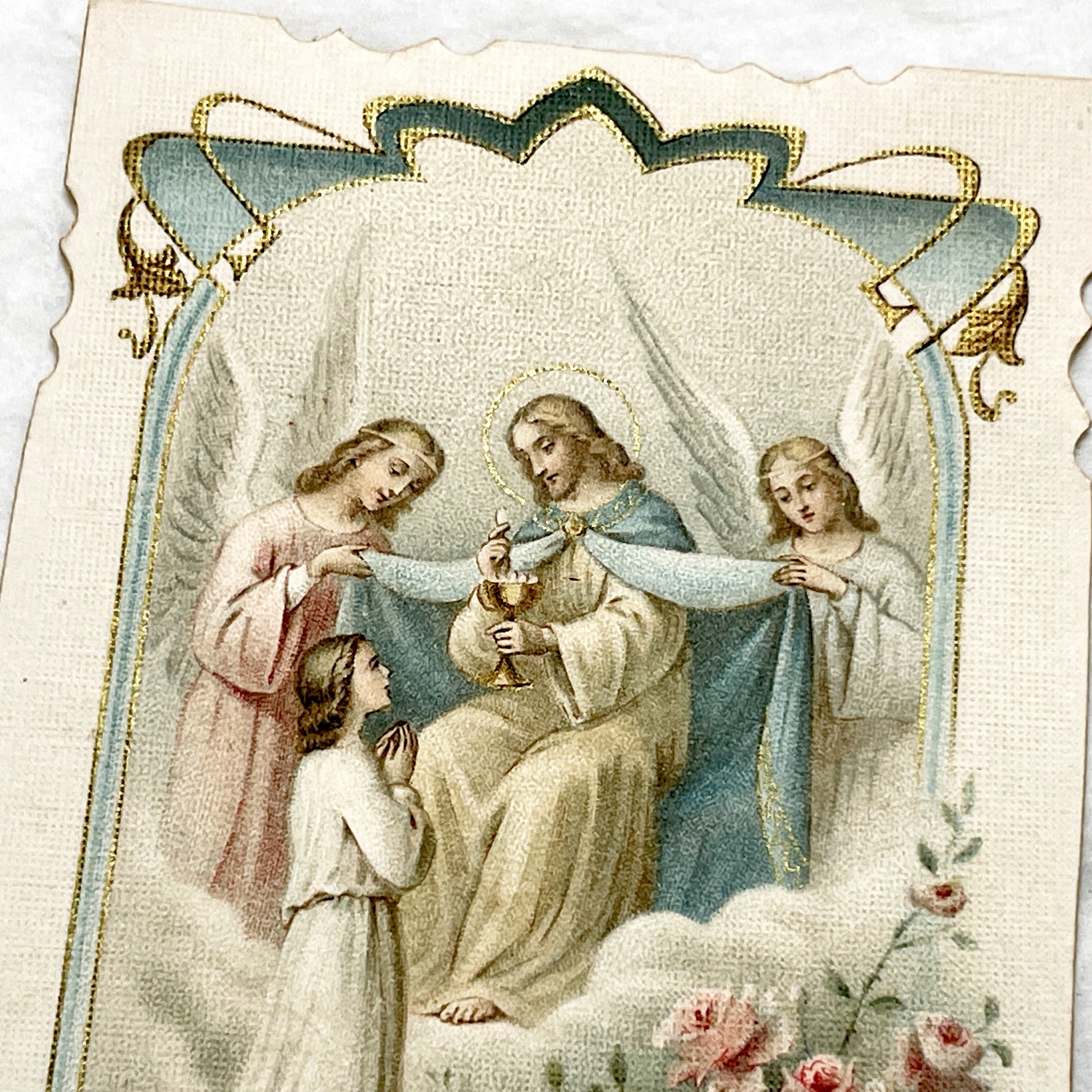 1900s - Vintage Religious Communion Card - Jesus Eucharist Scene - Kneeling Figure - Angels - French Prayer - Pious Art - Paris