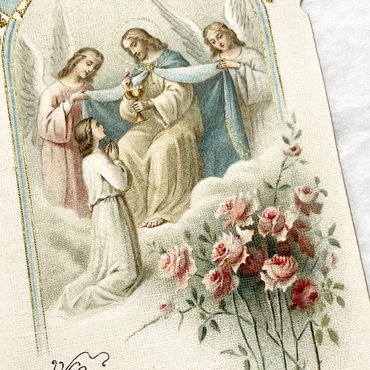 1900s - Vintage Religious Communion Card - Jesus Eucharist Scene - Kneeling Figure - Angels - French Prayer - Pious Art - Paris