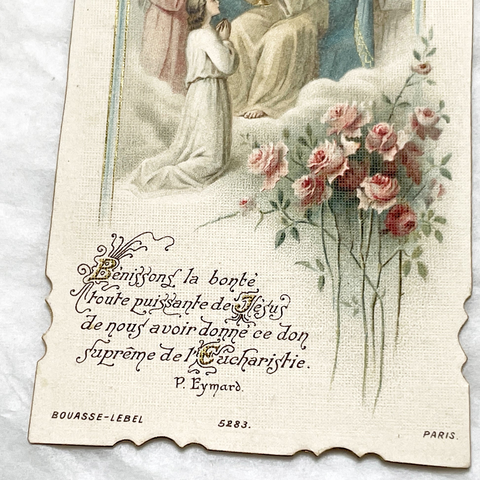 1900s - Vintage Religious Communion Card - Jesus Eucharist Scene - Kneeling Figure - Angels - French Prayer - Pious Art - Paris