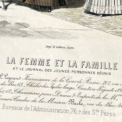 1880s - Original French Fashion Print - 'La Femme et la Famille' - Hand-Colored Victorian Era Apparel - Parisian Elegance and Child Style