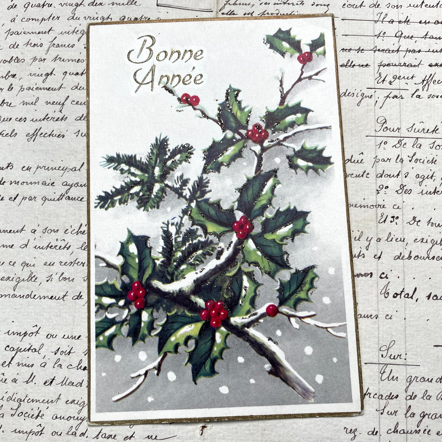 1950s - Vintage French New Year Postcard - Holly Berries Pine Branches Glitter - Antique Holiday Greeting Card