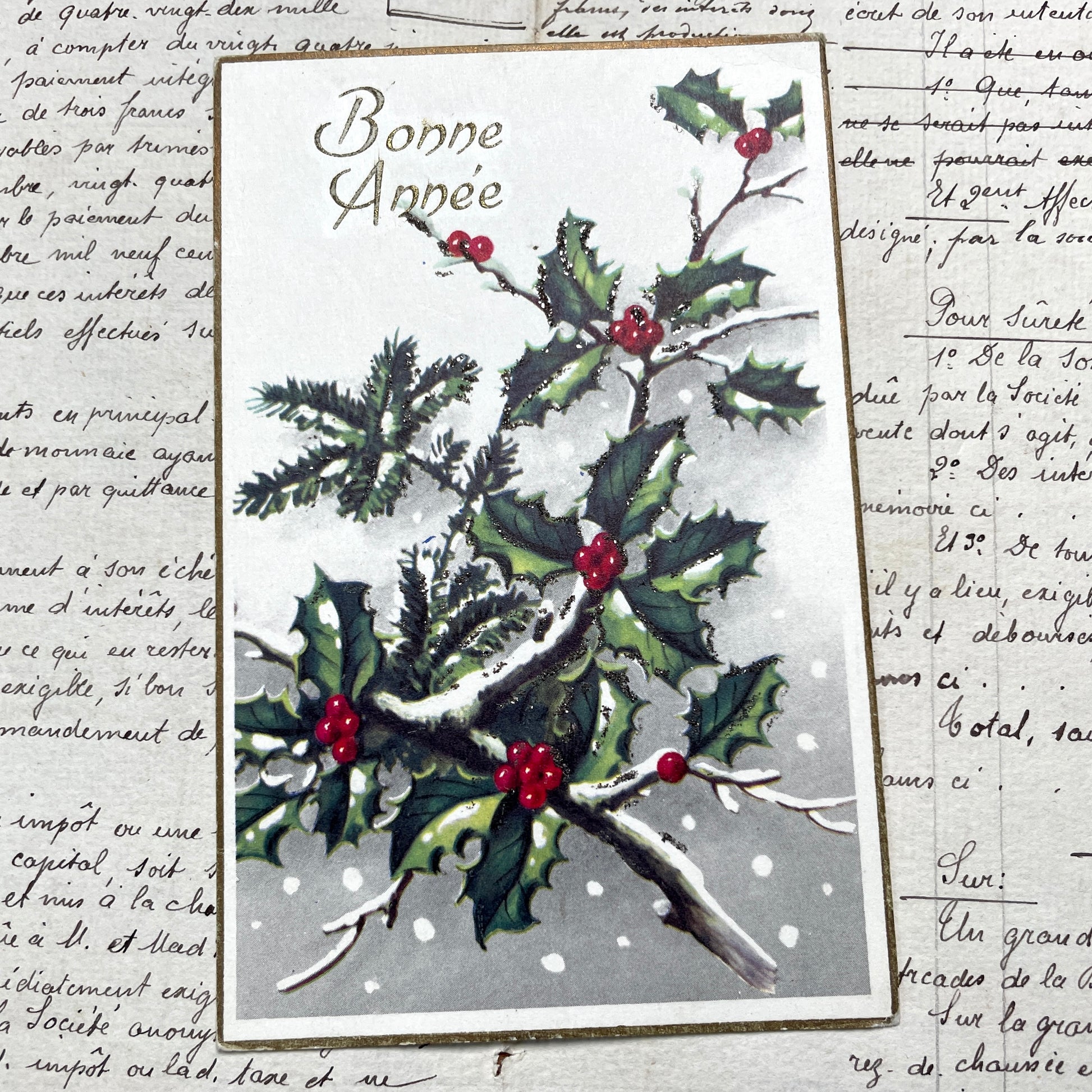 1950s - Vintage French New Year Postcard - Holly Berries Pine Branches Glitter - Antique Holiday Greeting Card