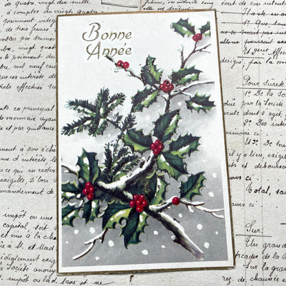 1950s - Vintage French New Year Postcard - Holly Berries Pine Branches Glitter - Antique Holiday Greeting Card