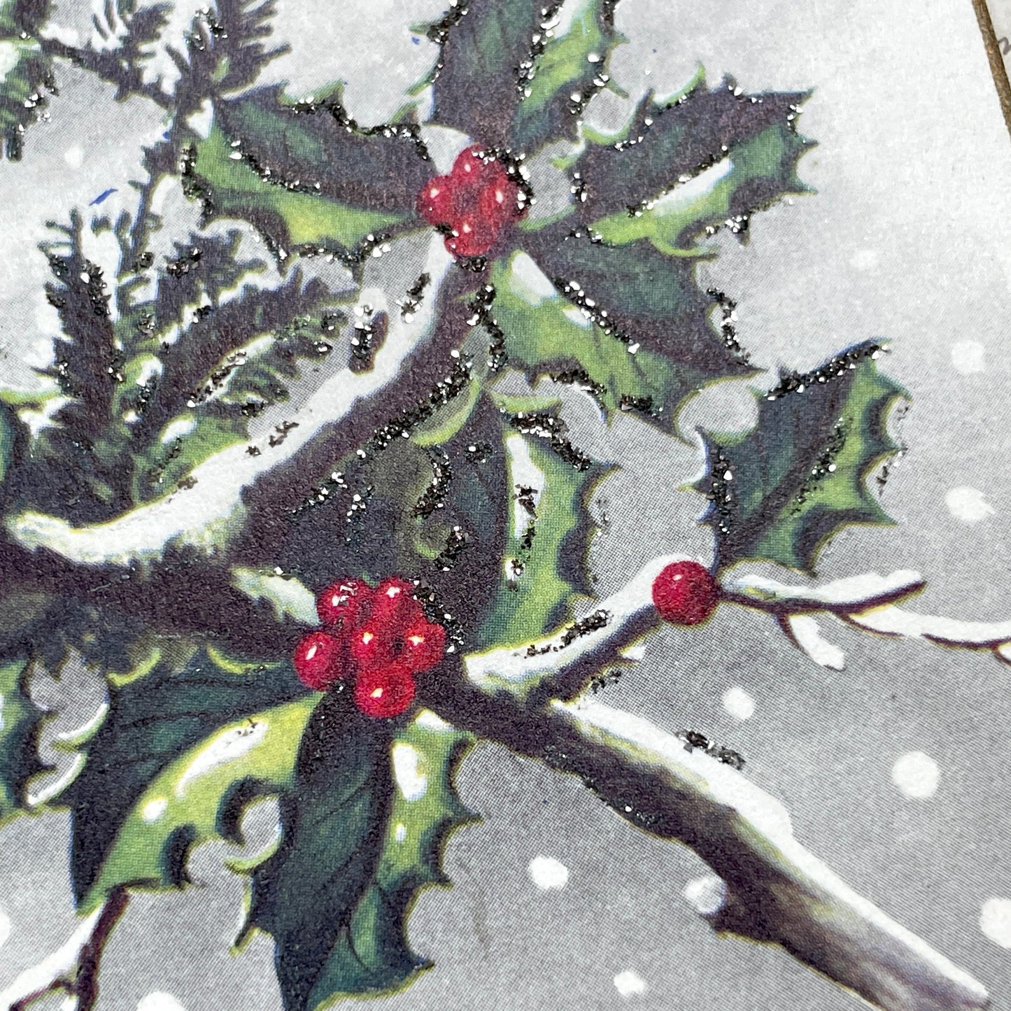 1950s - Vintage French New Year Postcard - Holly Berries Pine Branches Glitter - Antique Holiday Greeting Card