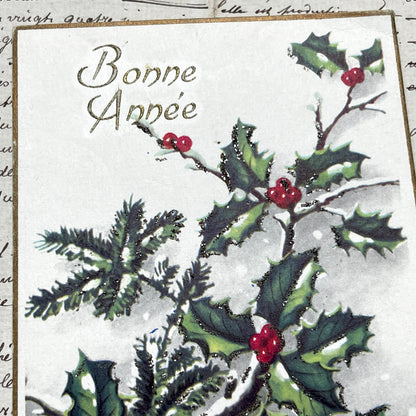 1950s - Vintage French New Year Postcard - Holly Berries Pine Branches Glitter - Antique Holiday Greeting Card