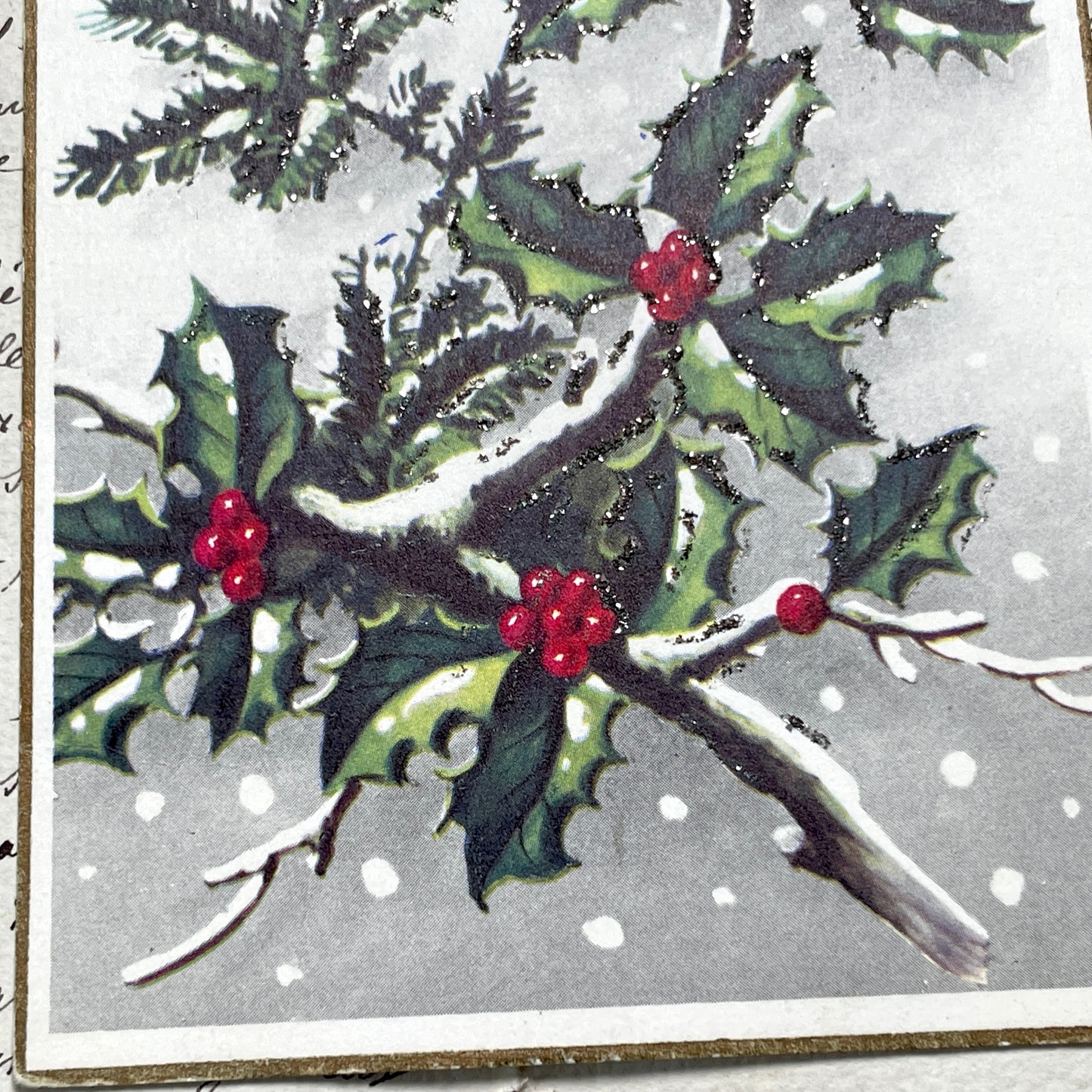 1950s - Vintage French New Year Postcard - Holly Berries Pine Branches Glitter - Antique Holiday Greeting Card