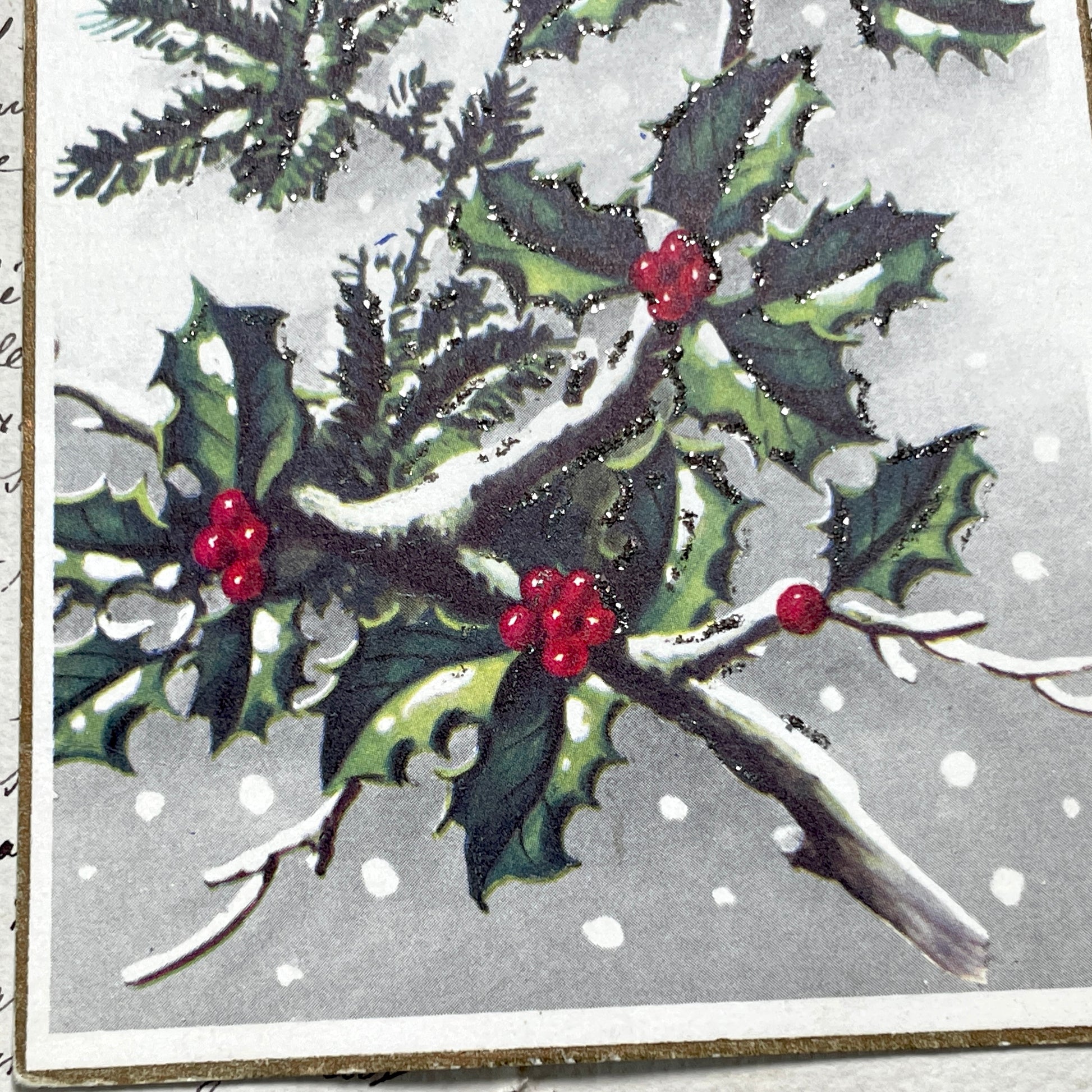 1950s - Vintage French New Year Postcard - Holly Berries Pine Branches Glitter - Antique Holiday Greeting Card