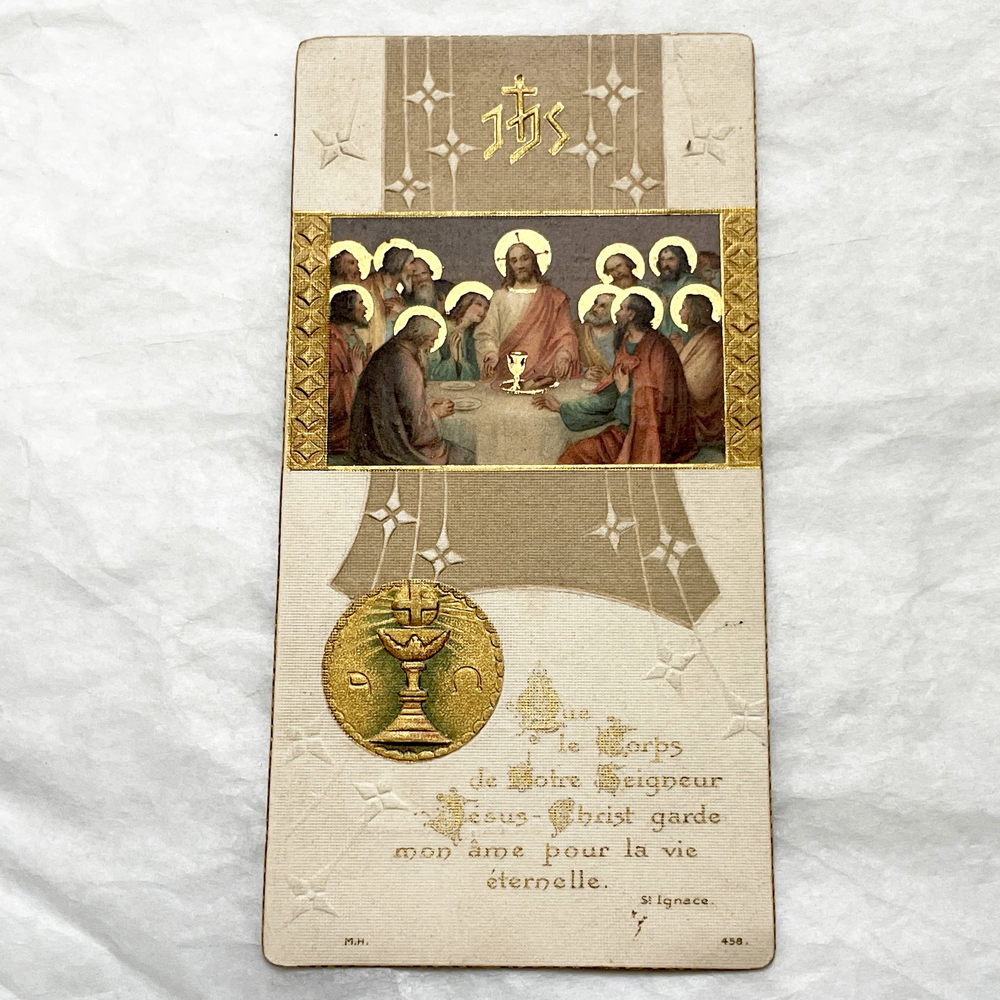 1910s - Antique First Communion Card - The Last Supper Scene - Gold Embossed - French Religious Ephemera - Collectible Prayer Card