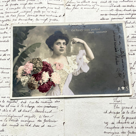 1900s - Vintage French Postcard - Hand-Tinted Photo - Elegant Woman Portrait - Large Bouquet of Flowers - Belle Époque Sentimental Card