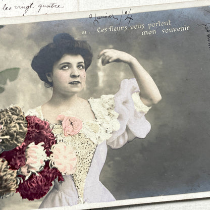 1900s - Vintage French Postcard - Hand-Tinted Photo - Elegant Woman Portrait - Large Bouquet of Flowers - Belle Époque Sentimental Card