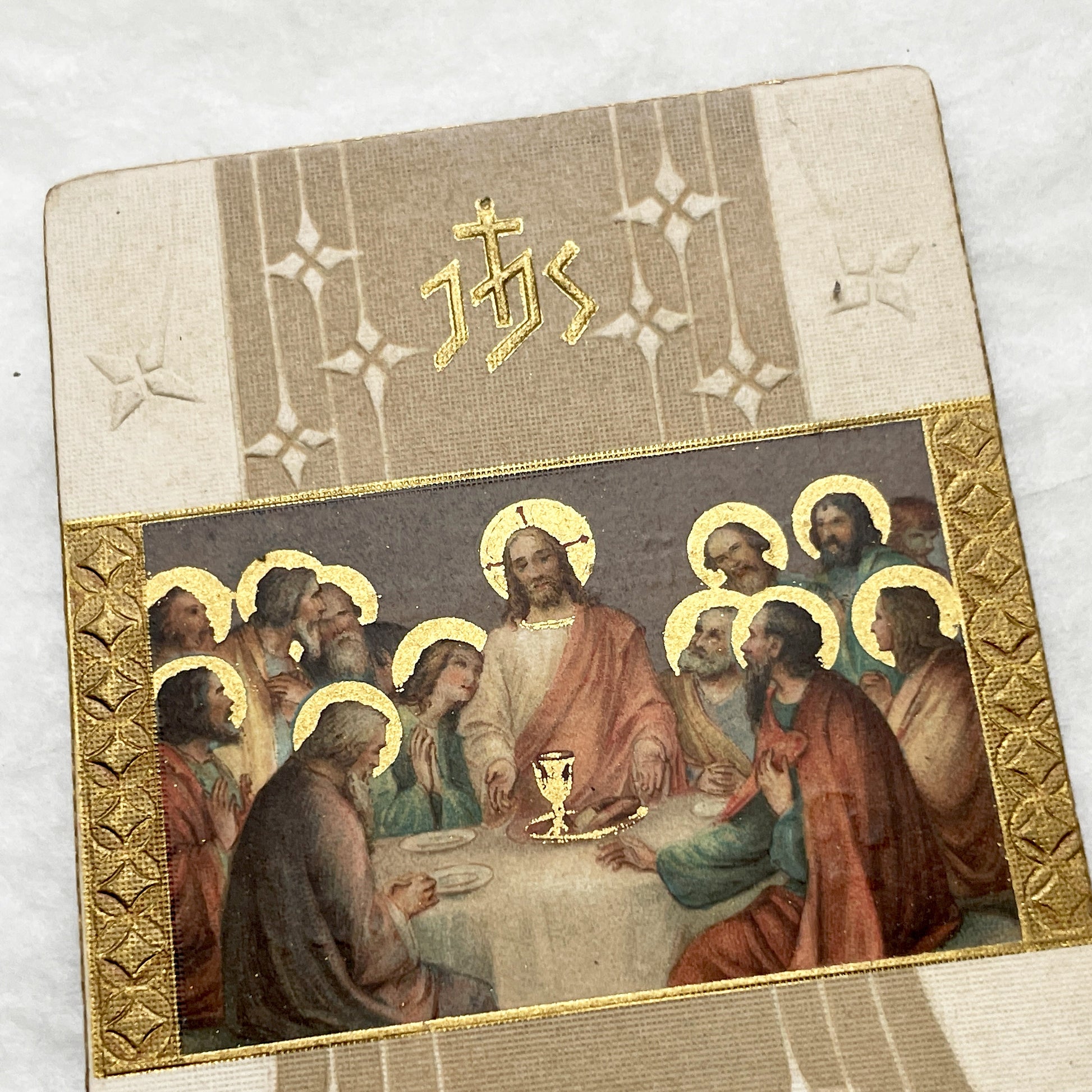 1910s - Antique First Communion Card - The Last Supper Scene - Gold Embossed - French Religious Ephemera - Collectible Prayer Card