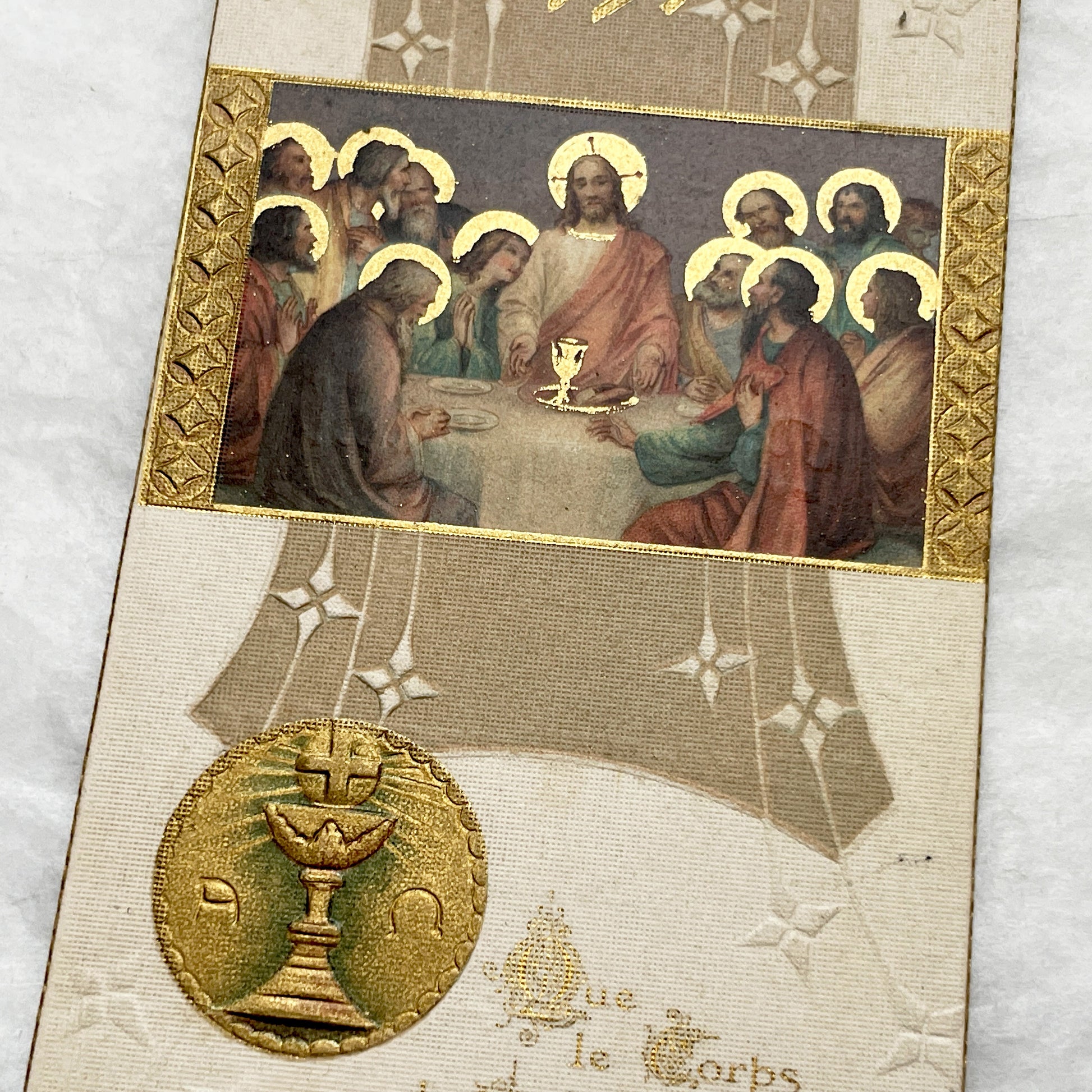 1910s - Antique First Communion Card - The Last Supper Scene - Gold Embossed - French Religious Ephemera - Collectible Prayer Card