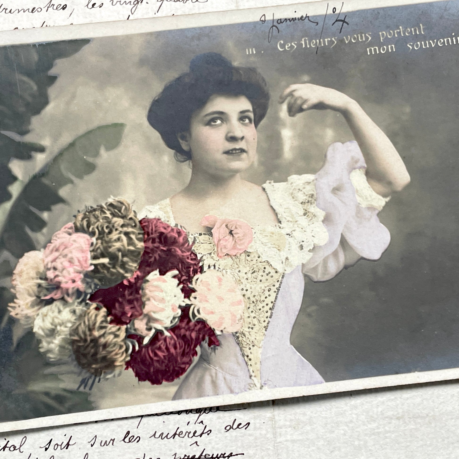 1900s - Vintage French Postcard - Hand-Tinted Photo - Elegant Woman Portrait - Large Bouquet of Flowers - Belle Époque Sentimental Card