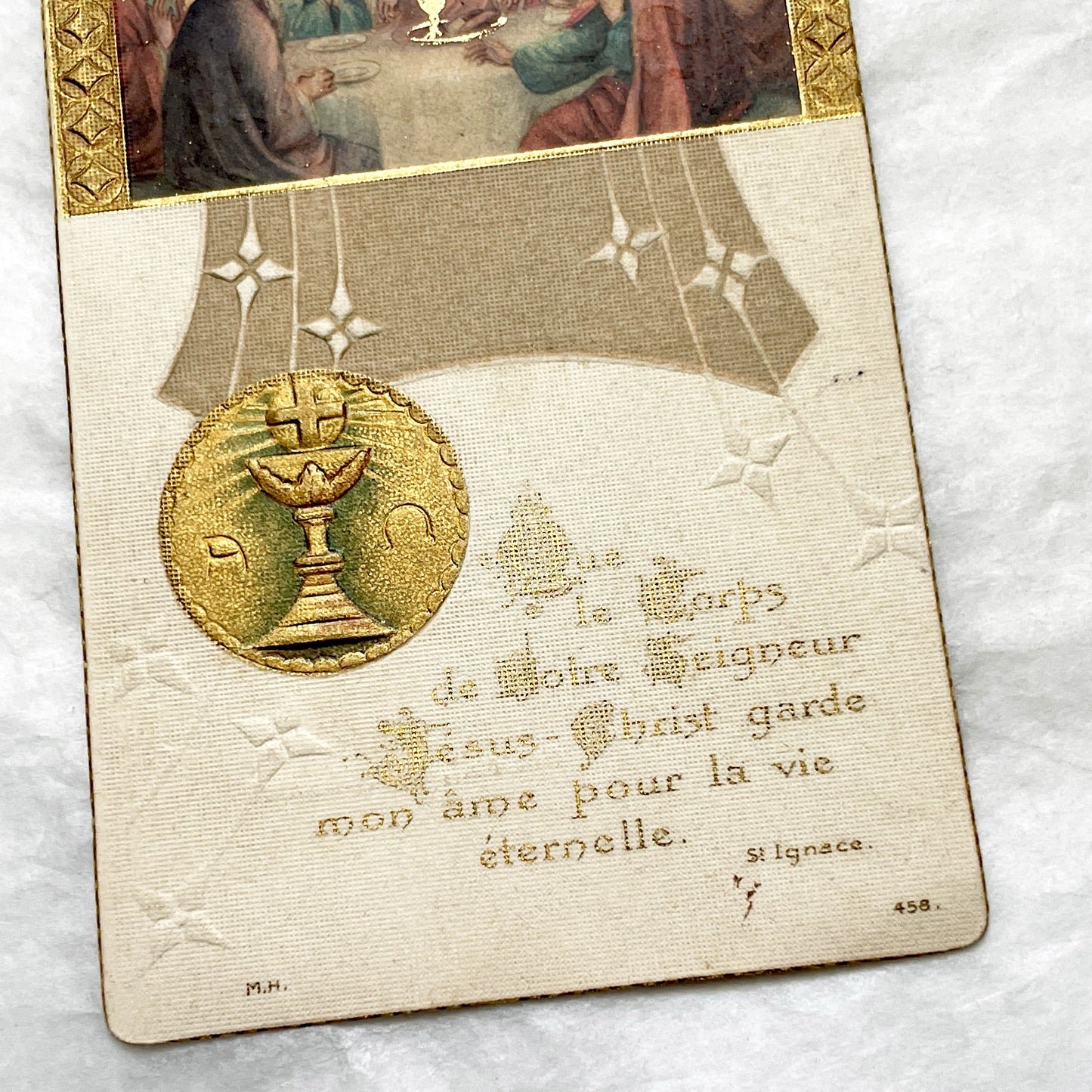 1910s - Antique First Communion Card - The Last Supper Scene - Gold Embossed - French Religious Ephemera - Collectible Prayer Card