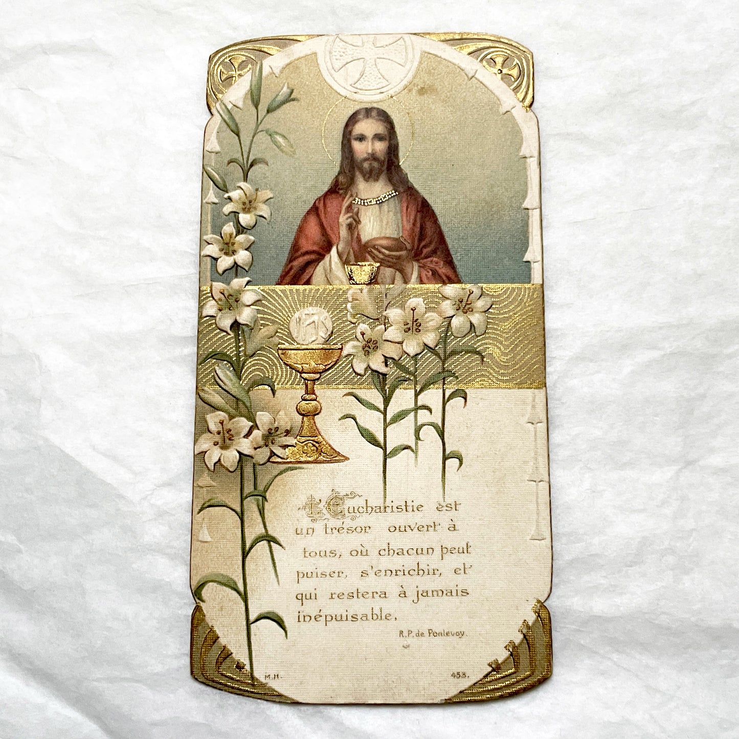 1910s - Vintage French Religious Holy Card - Jesus Christ - Eucharist - Lilies - Gold Accents - Devotional Art - Collectible Catholic Gift