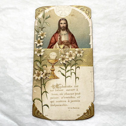 1910s - Vintage French Religious Holy Card - Jesus Christ - Eucharist - Lilies - Gold Accents - Devotional Art - Collectible Catholic Gift