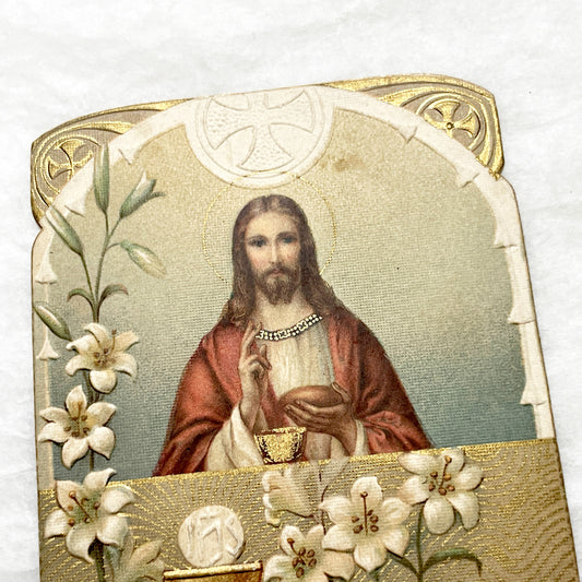 1910s - Vintage French Religious Holy Card - Jesus Christ - Eucharist - Lilies - Gold Accents - Devotional Art - Collectible Catholic Gift