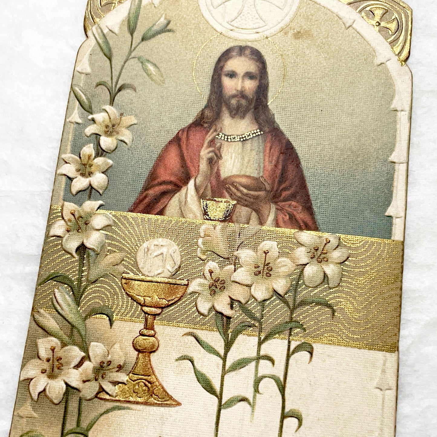 1910s - Vintage French Religious Holy Card - Jesus Christ - Eucharist - Lilies - Gold Accents - Devotional Art - Collectible Catholic Gift