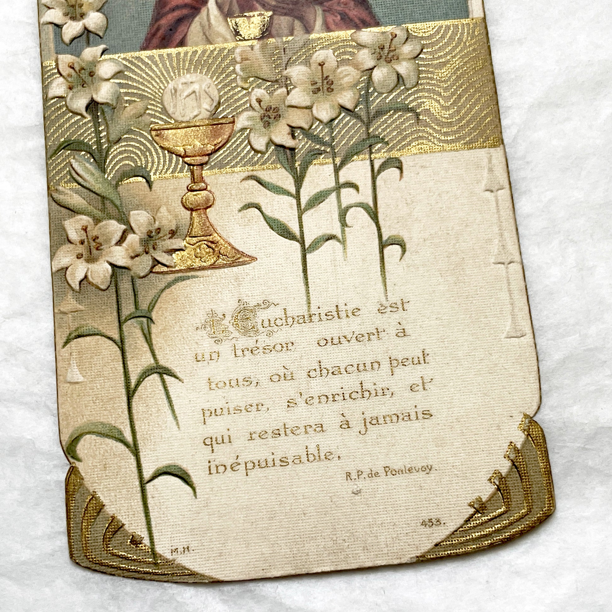 1910s - Vintage French Religious Holy Card - Jesus Christ - Eucharist - Lilies - Gold Accents - Devotional Art - Collectible Catholic Gift