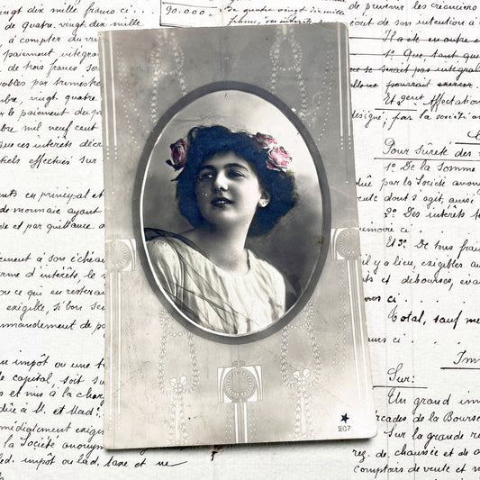 1900s - Antique Portrait Postcard - Elegant Young Woman with Hand-Tinted Roses in Hair - Art Nouveau Deco Border - Collectible Ephemera