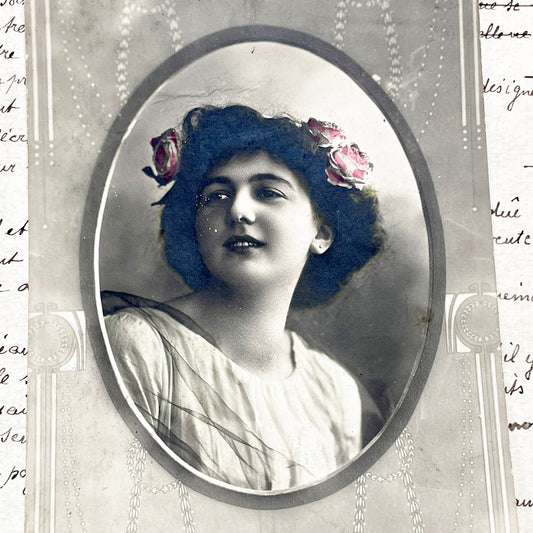 1900s - Antique Portrait Postcard - Elegant Young Woman with Hand-Tinted Roses in Hair - Art Nouveau Deco Border - Collectible Ephemera